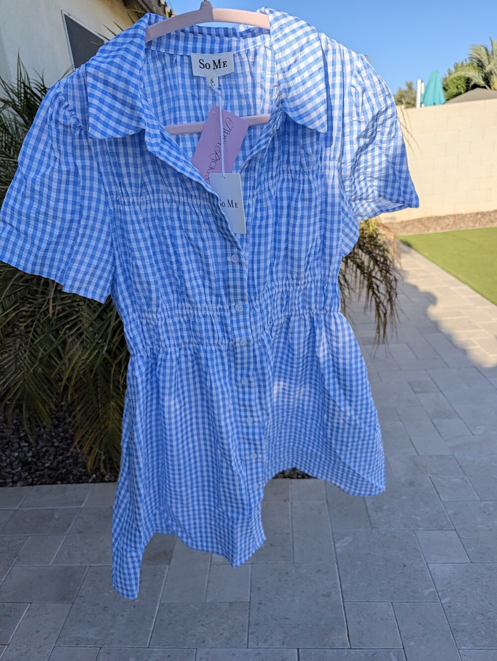 NWT So Me Light Blue Gingham Button-Down Mini Dress Small